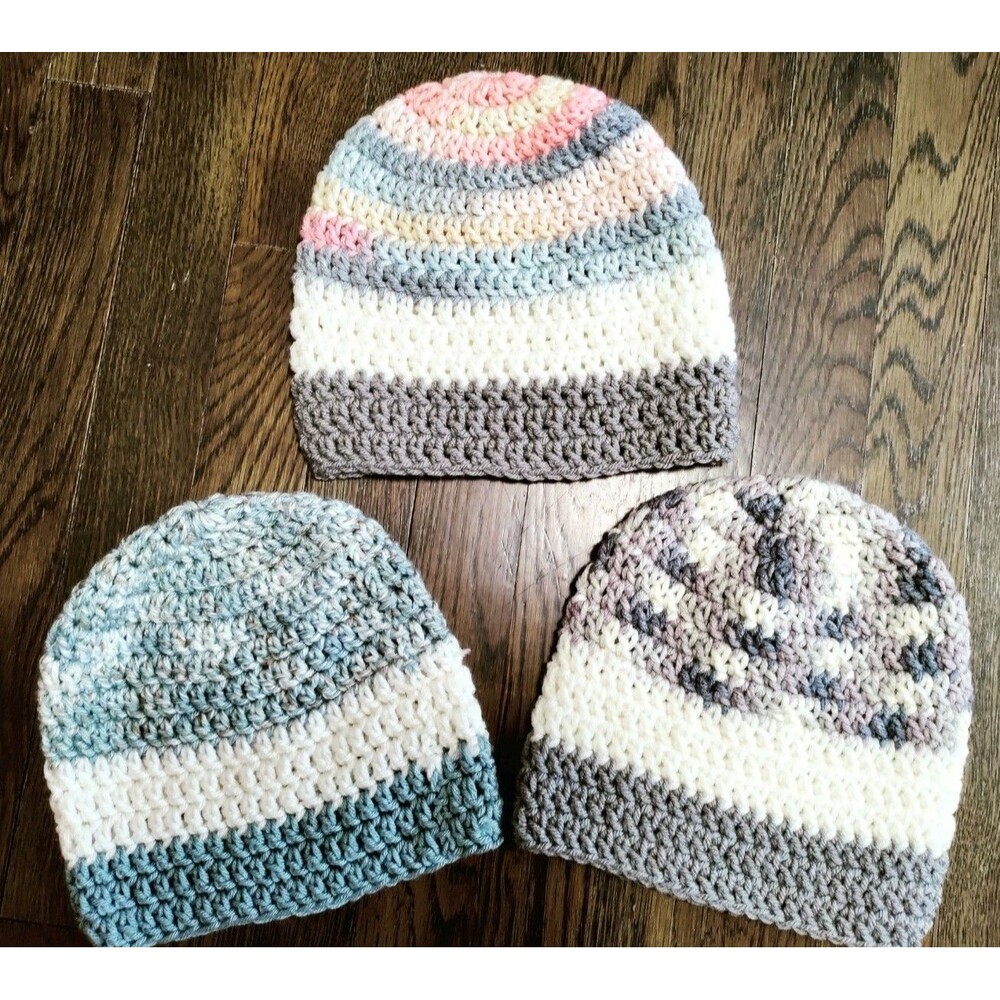 Handmade Crochet Knit Beanies Multicolor Striped Pattern Set of 3 Women's OS